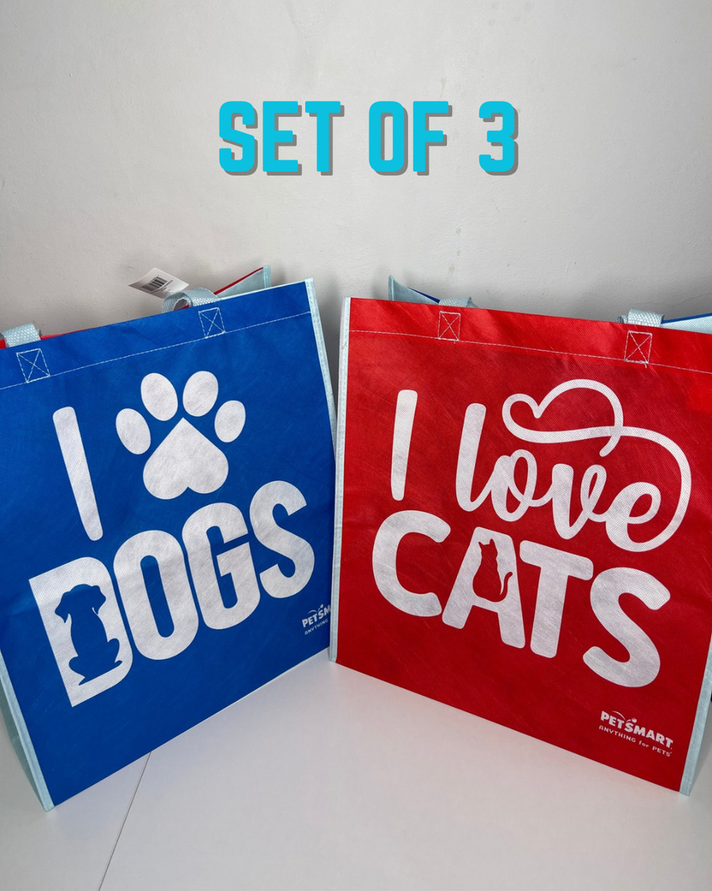 Set of 3 PetSmart — I Love Cats + Dogs Reusable Tote Bags — Double Sided Design